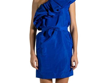 May include: A royal blue one-shoulder dress with a ruffled neckline and a sash at the waist.