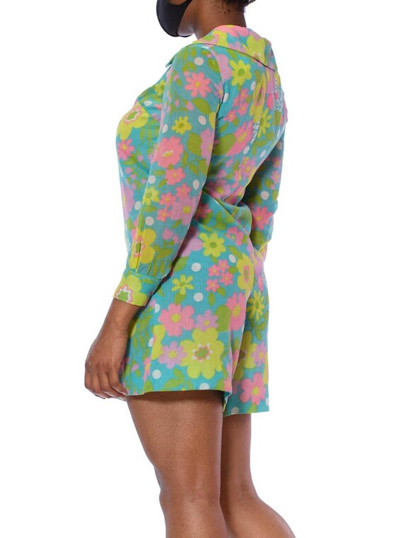 1960S Aqua Blue Floral Cotton Voile Mod Romper - image 10