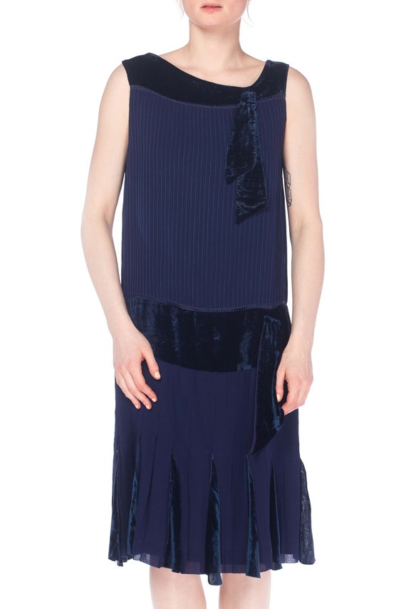 1920S Navy Blue Silk & Velvet Pintucked Drop Waist