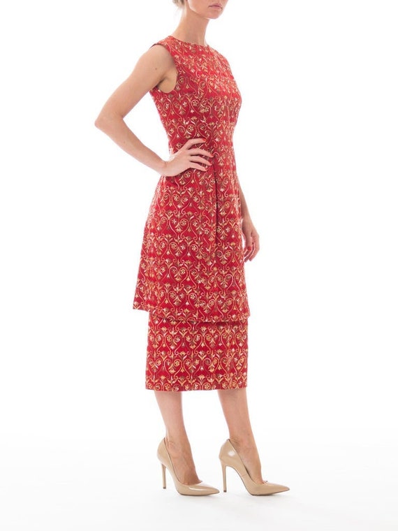 1960S Red Silk Satin Cocktail Dress Covered In Med