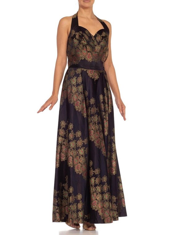 1940S Black Gold Silk Satin Damask French Demi-couture Gown