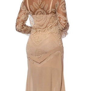 1920S Beige Handmade Lace Silk Chiffon Dress With Long Sleeves image 6