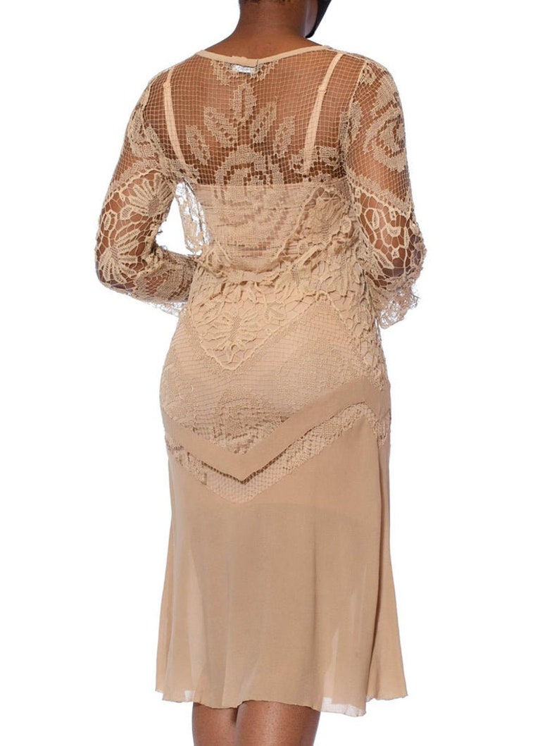 1920S Beige Handmade Lace Silk Chiffon Dress With Long Sleeves image 6