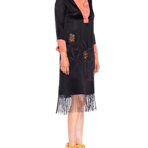 1920S Morphew Collection Black Pink Silk Faille Embroidered Dress With Beaded Fringe image 5