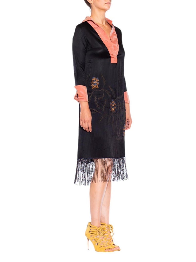 1920S Morphew Collection Black Pink Silk Faille Embroidered Dress With Beaded Fringe image 5