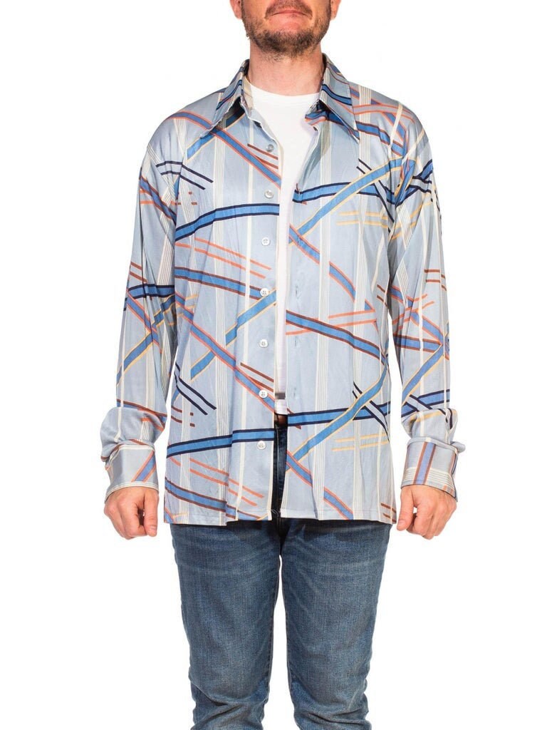 1970S Blue Polyester Tricot Jersey Men's Long Sleeve Geometric Disco Shirt
