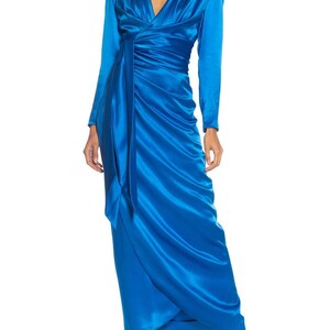 1980S Givenchy Electric Blue Haute Couture Silk Double Faced Satin Sleeved Gown With Slit Sash image 3