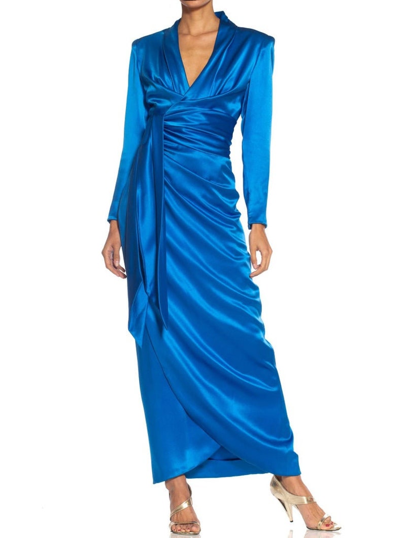 1980S Givenchy Electric Blue Haute Couture Silk Double Faced Satin Sleeved Gown With Slit Sash image 3