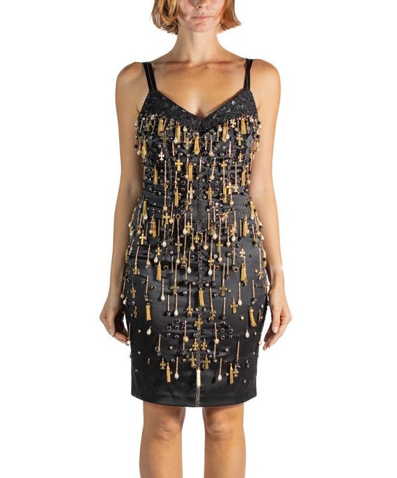 black dress with gold fringe Black High Neck Beaded Fringe Fitted Gown main image 0