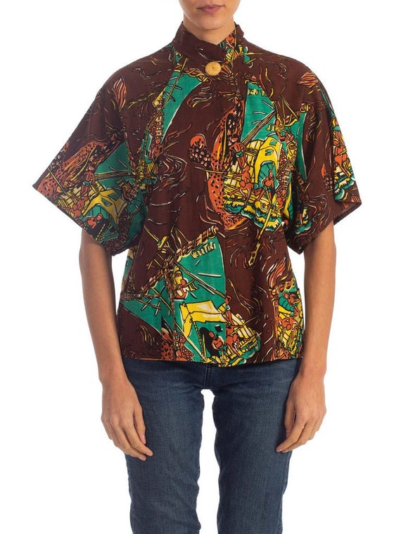 1970s Tropical Print Short Sleeve Brown Top