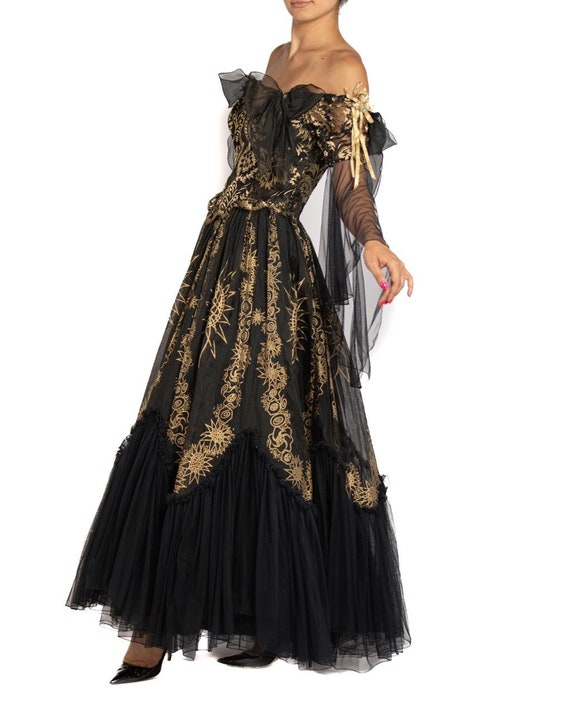 1980S ZANDRA RHODES Black & Gold Lace Ball Gown - image 6