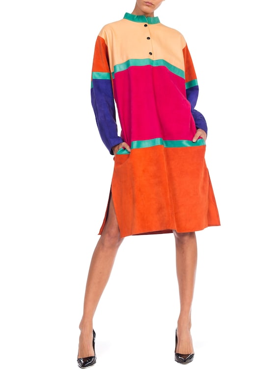 1980S Suede & Leather Pop Colorblocked Dress With