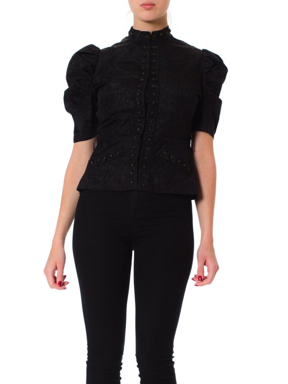 1930S Black Silk Moire Puff Sleeve Top With Studde