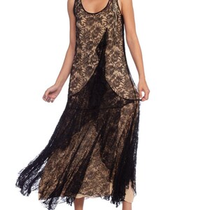 1920S Black Silk Chantilly Lace Flowy Cocktail Dress With Original Slip And Flower Corsage image 5