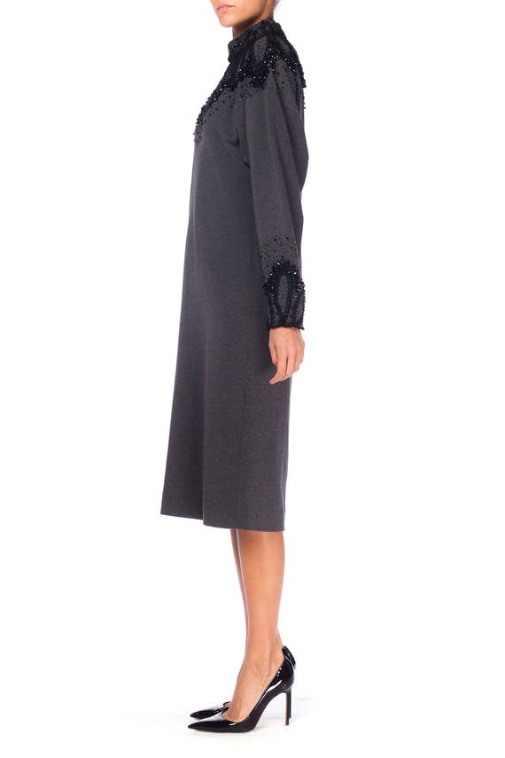 1980S Dark Grey Wool Knit Turtleneck  Dress With … - image 2