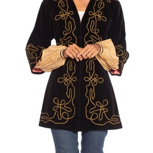 1900S Antique Black Cotton Velvet Medieval Theatrical Costume Jacket With Gold Braid Details image 8