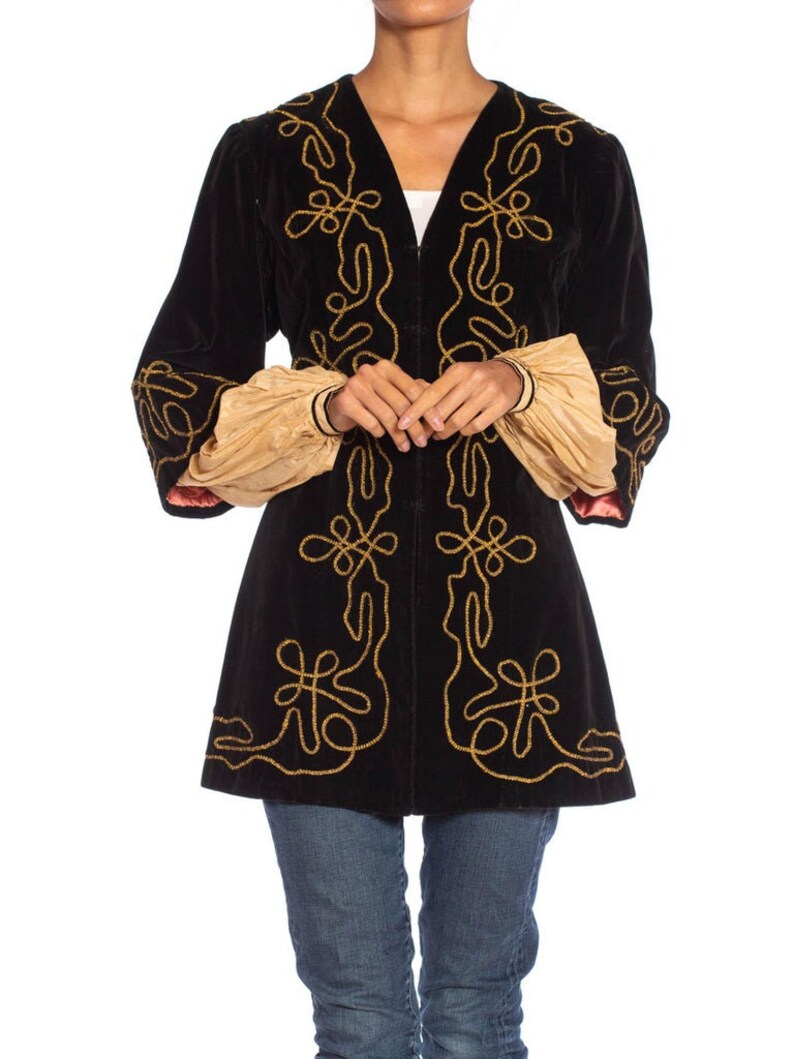 1900S Antique Black Cotton Velvet Medieval Theatrical Costume Jacket With Gold Braid Details image 8