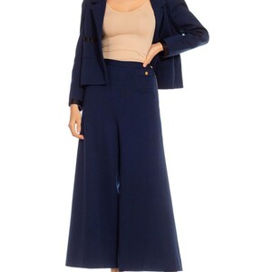 1970S Chanel Navy Blue Wool Blend Jersey Pant Suit With Black Satin Trim Gold Buttons image 4