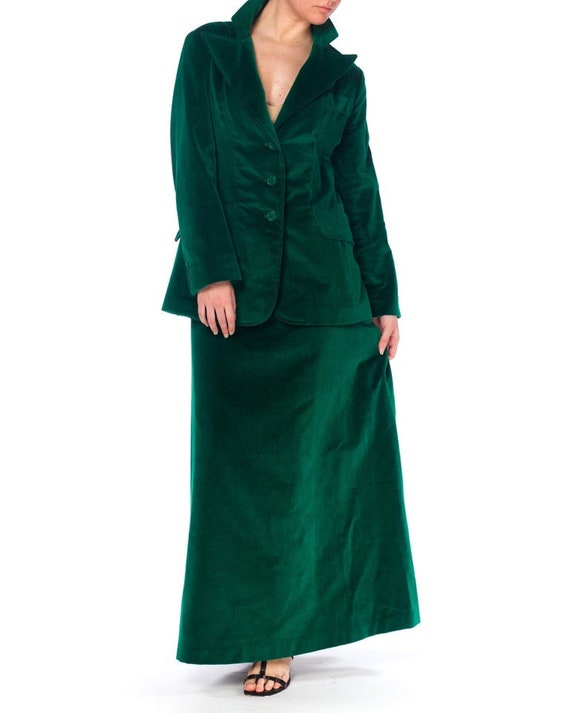 1970S Green Cotton Velvet Maxi Skirt Suit XL - image 4