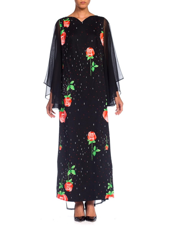 1970S Black Polyester Jersey Rose Print Maxi Dres… - image 1