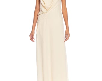 1990S Cream Silk Asymmetrically Draped Gown