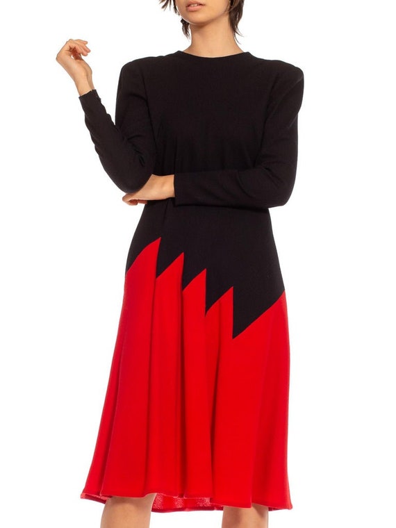 1980S Galanos Red & Black Long Sleeved Dress - image 9