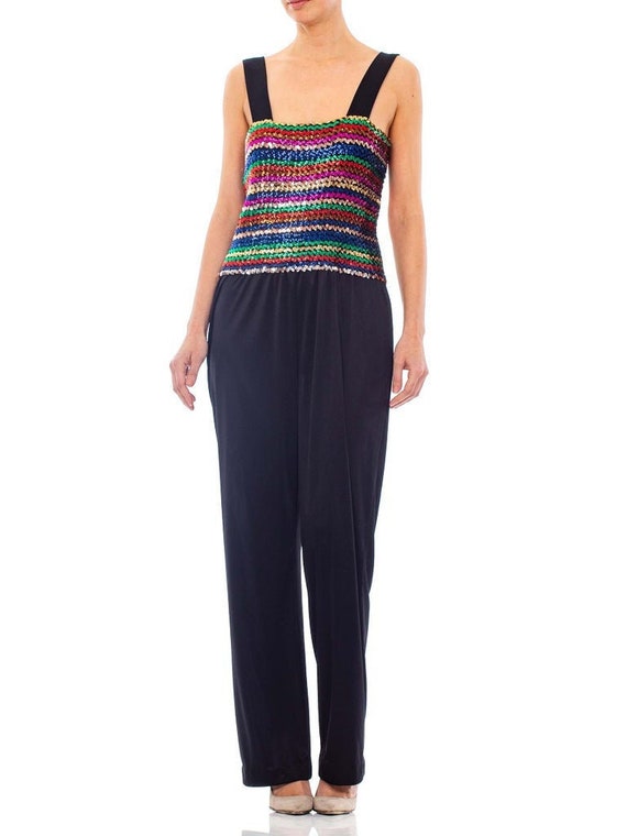 1970S Black Sequined Polyester Jersey Disco Party