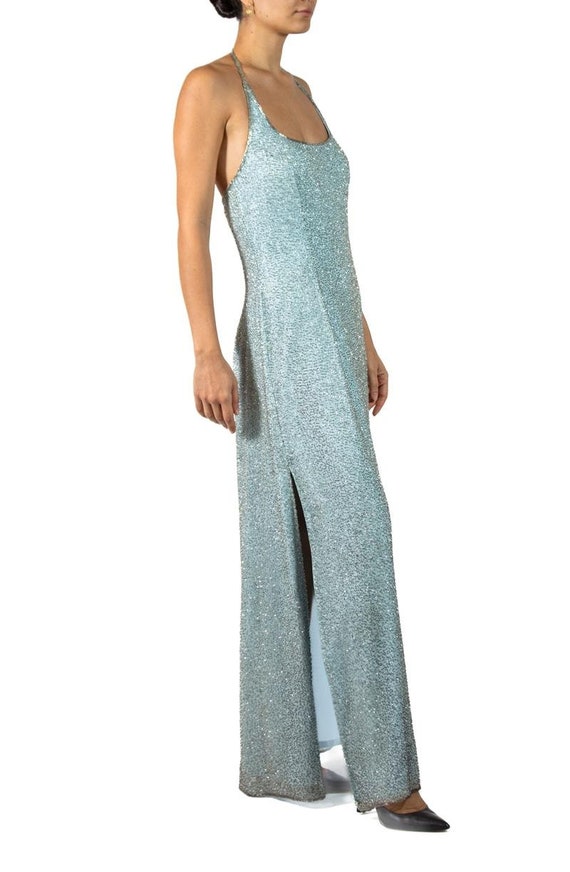 1980S Aqua Blue Pavé Beaded Silk Chiffon Gown Wit… - image 4