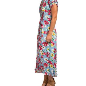 1940S Aqua Blue & Pink Cold Rayon Floral Zip-Front Dress image 2