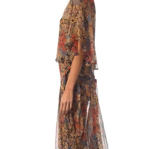 1920S Earth Tone Floral Silk Mousseline Dress With Lace Collar & Caped Bodice image 2