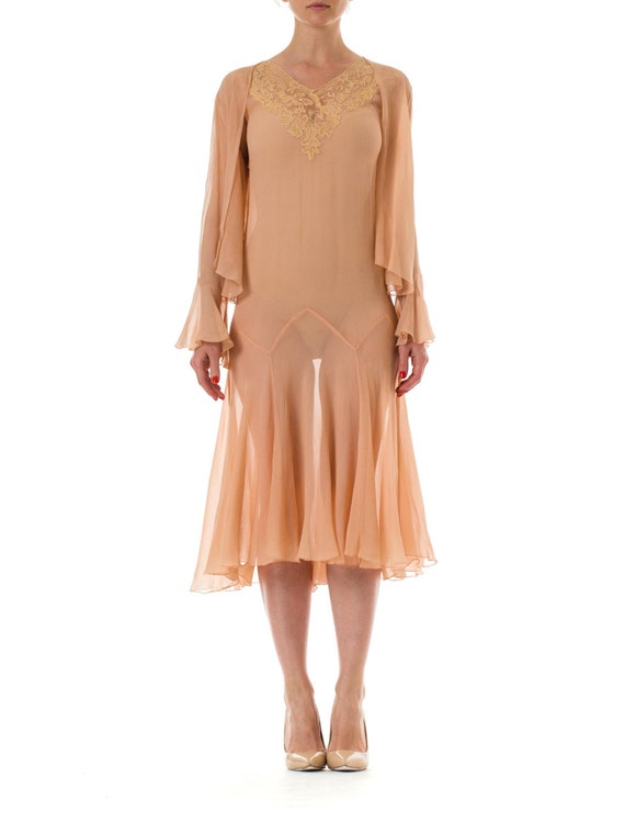1920S Blush Pink Silk Chiffon & Lace Sheer Dress … - image 1