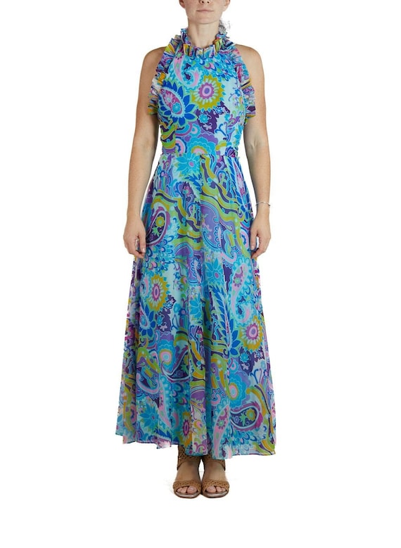 1970S Multicolor Psychedelic Chiffon Abstract Flor