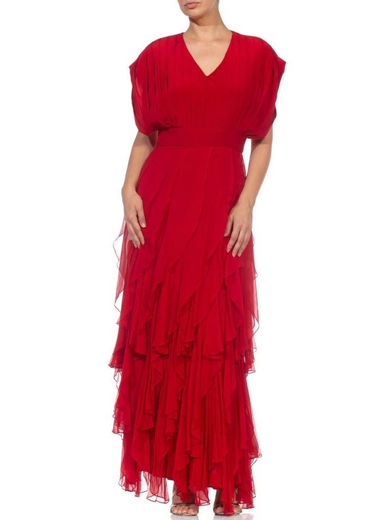 1980S Red Silk Chiffon Pleated Bodice Gown With B… - image 1