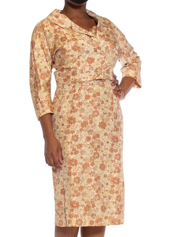 1950S Beige  Brown Silk Indian Floral Print Dress… - image 5