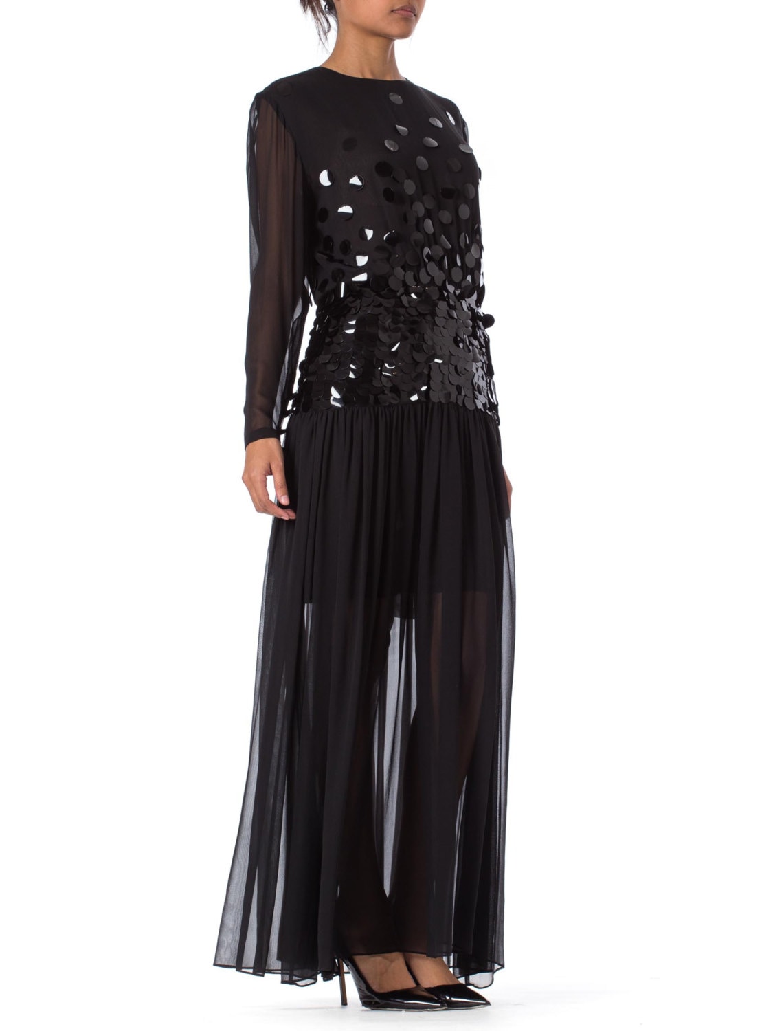 pauline sequin long sleeve dress in black 1980S PAULINE TRIGERE Black Beaded Silk Chiffon Long Sleeve Gown
