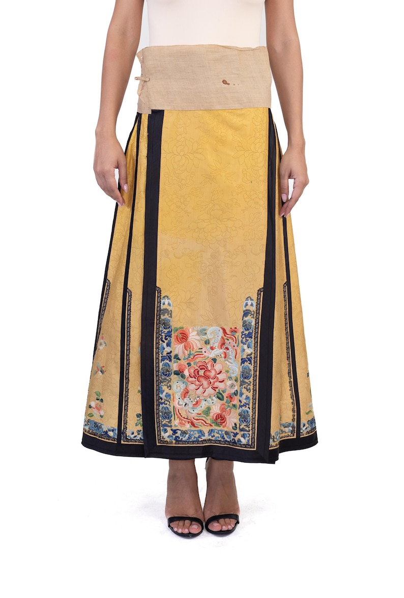 Victorian Yellow Hand Embroidered Silk Antique Chinese Skirt image 1