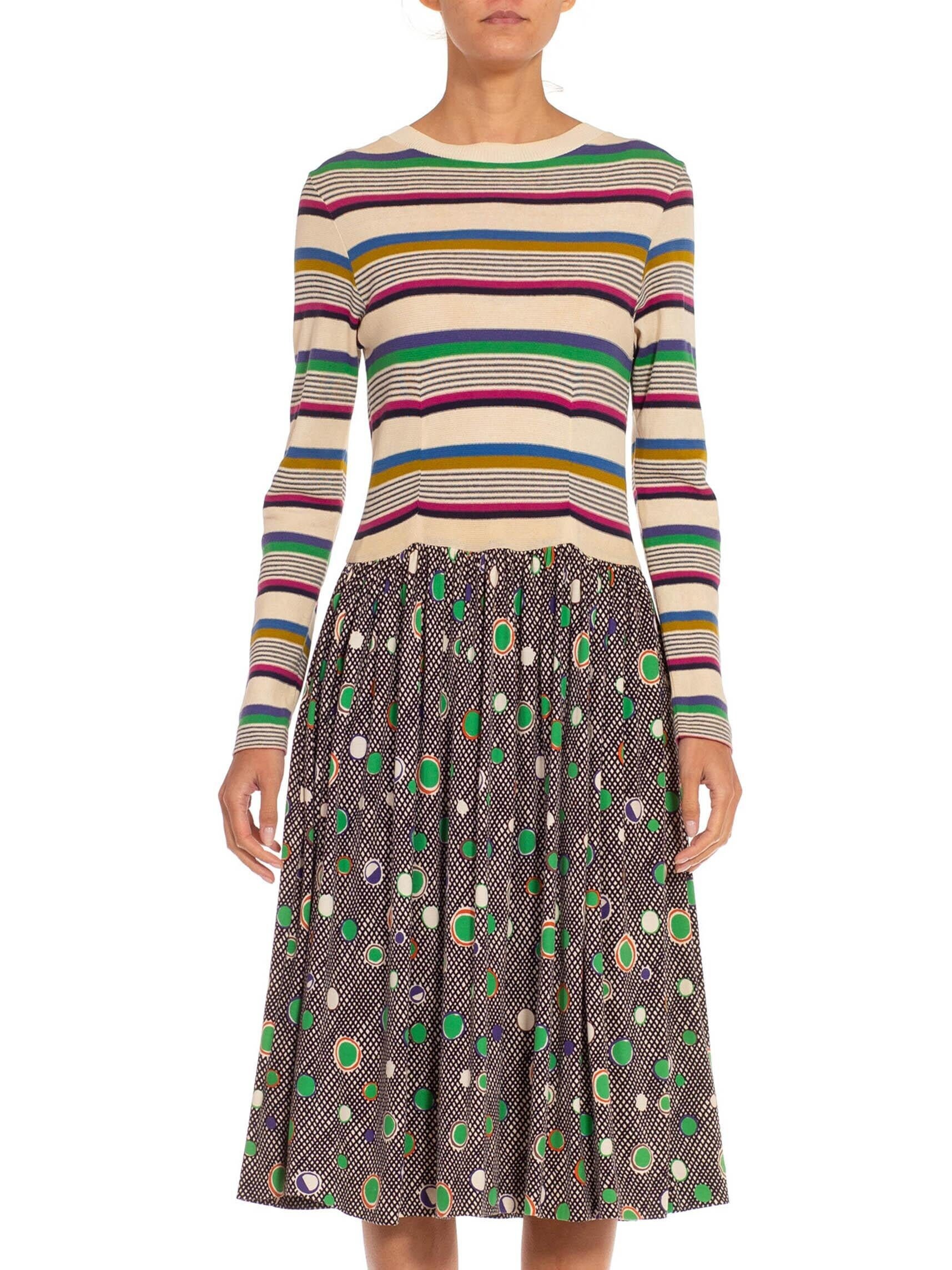 1970S Missoni Cream Green Knit Striped Polka Dot Dress