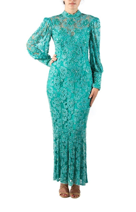 1980S Teal Beaded Rayon Lace Gown With Sleeves - image 1