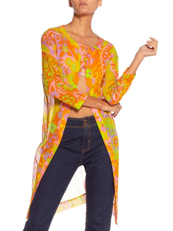 1960S Lime Green & Orange Cotton Voile Mod Psyched