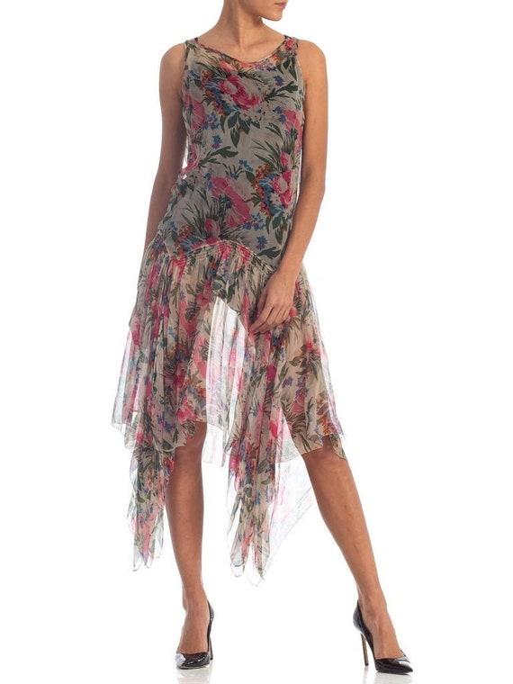 1920s Floral Silk Chiffon Summer Tea Party Dress