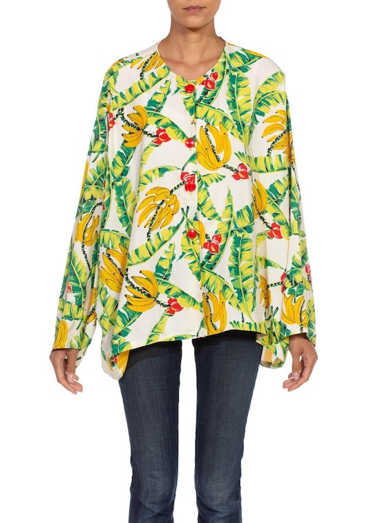 1940S Green  Yellow Rayon Oversized Banana Print T