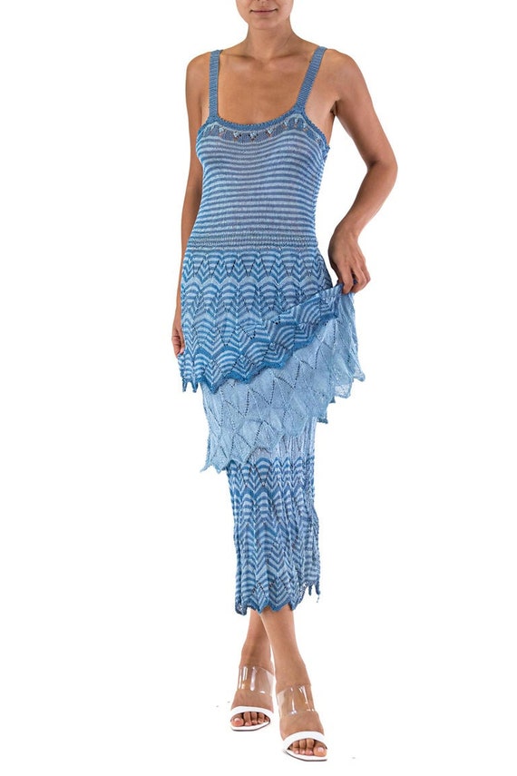 1930S Blue Hand Crochet Silk Knit Dress - image 8