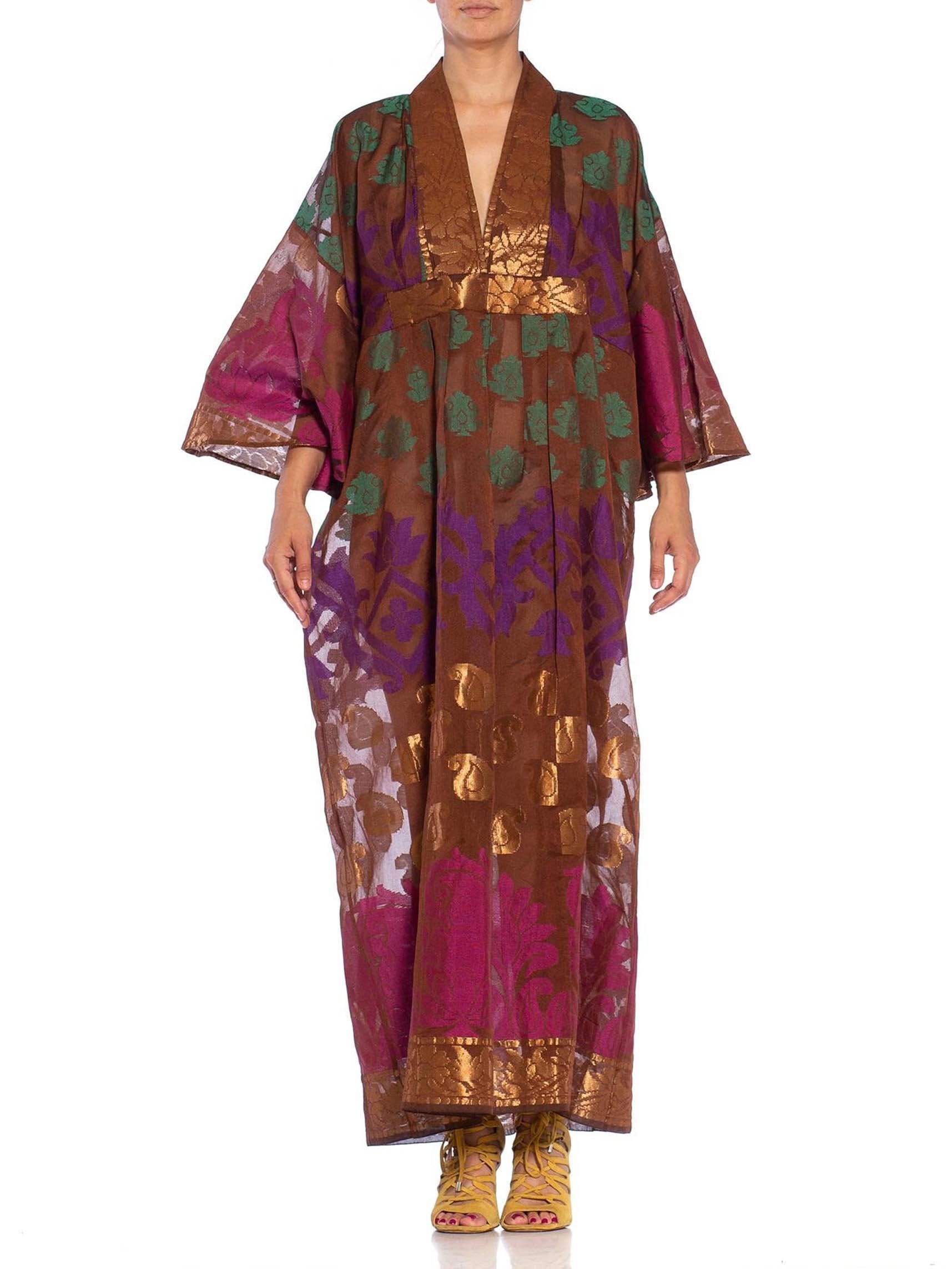 Morphew Collection Chocolate Brown Metallic Multi Silk Kaftan Made From Vintage Saris