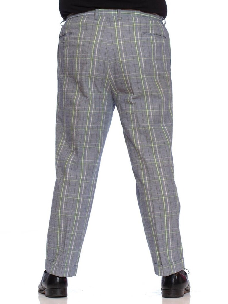 1960S Brooks Brothers Blue Grey Cotton Seersucker Men's Plaid Pants image 4