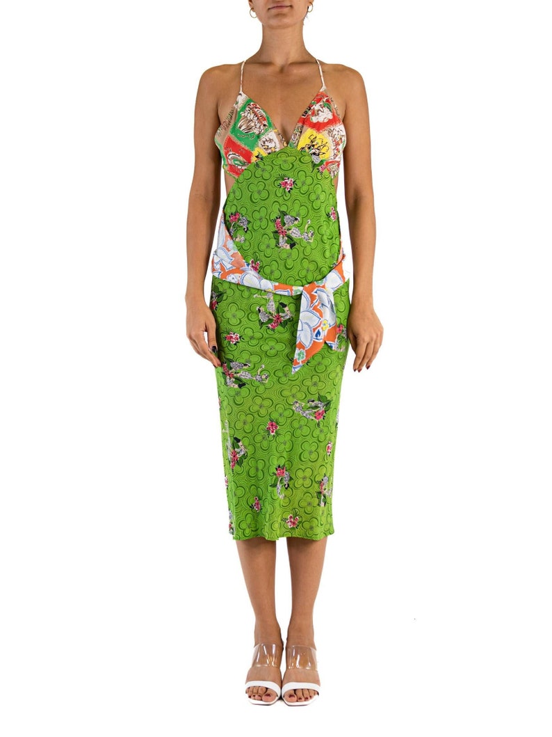 Morphew Collection Green Multicolored Bias Cut 1940S Cold Rayon Hawaiian Print Sagittarius Dress image 1