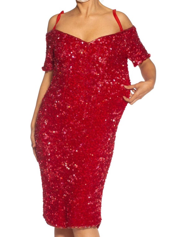 1980S Red Silk Sequin Encrusted Cocktail Dress - image 4