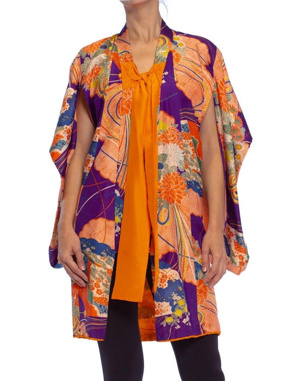 1940S Purple  Orange Silk Floral Printed Childs  … - image 1