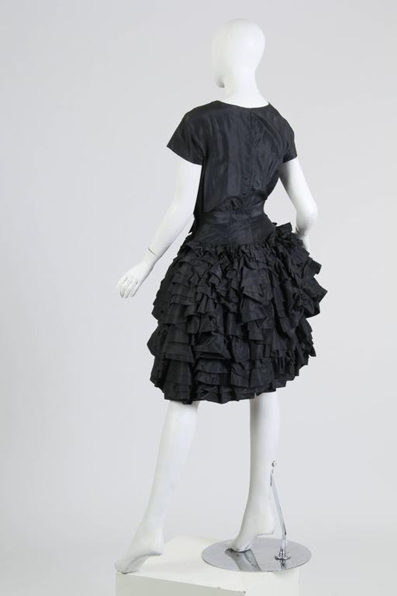 1950S PAULA WHITNEY Black Haute Couture Silk Taffeta Amazing Ruffled Poof Ball Skirt Cocktail Dress image 6