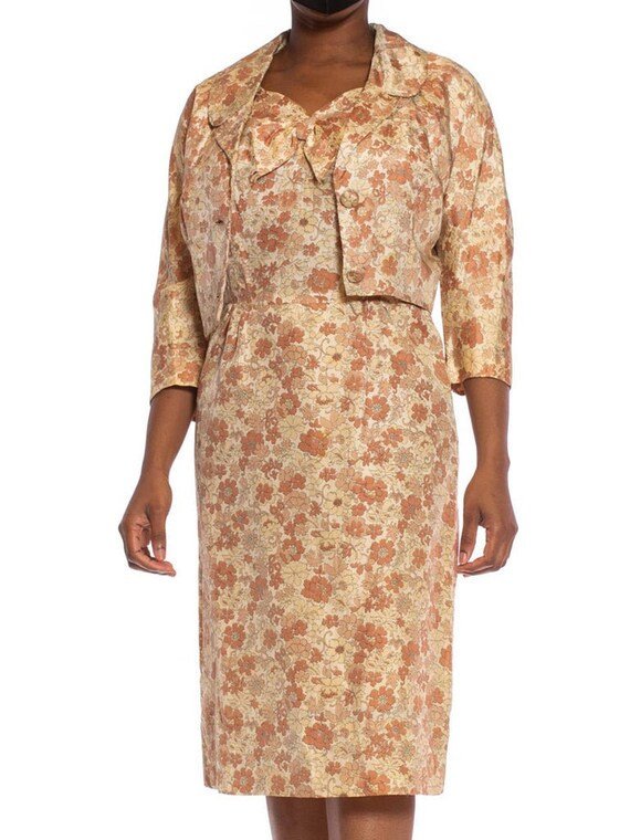 1950S Beige  Brown Silk Indian Floral Print Dress… - image 2