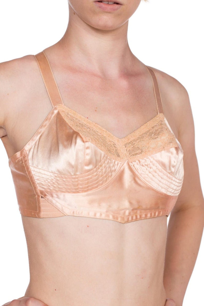 1940'S Nude Peach Cotton & Rayon Satin Bra From Paris With Mother-Of-Pearl Buttons image 9